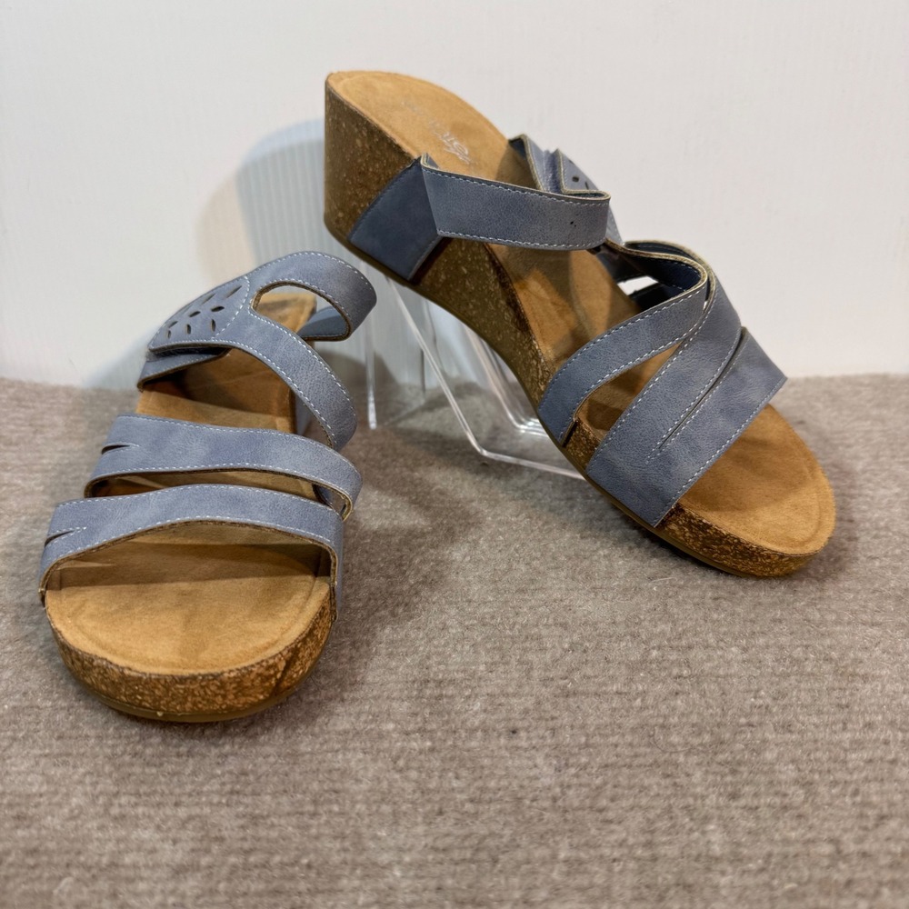 Annie Comfort Amolly Wedge Sandals Womens 11W Blue Strappy Cork Heel Boho Summer